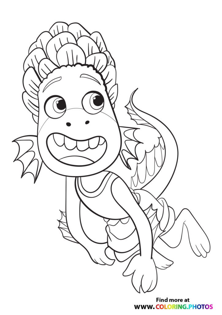 Alberto as a sea monster with curly hair, large eyes, and scaled body with wings and fins coloring page from Ciao Alberto