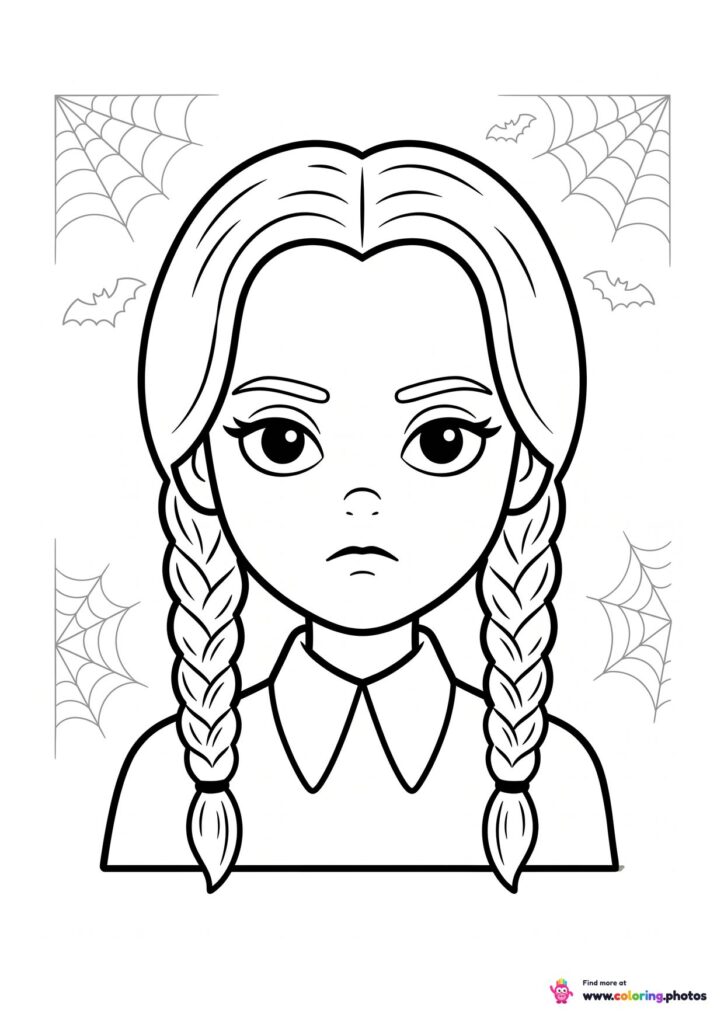 Wednesday Addams face with spiderwebs and bats
