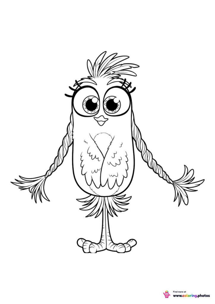 Willow coloring page from Angry Birds standing with two long braided feathers and big round eyes